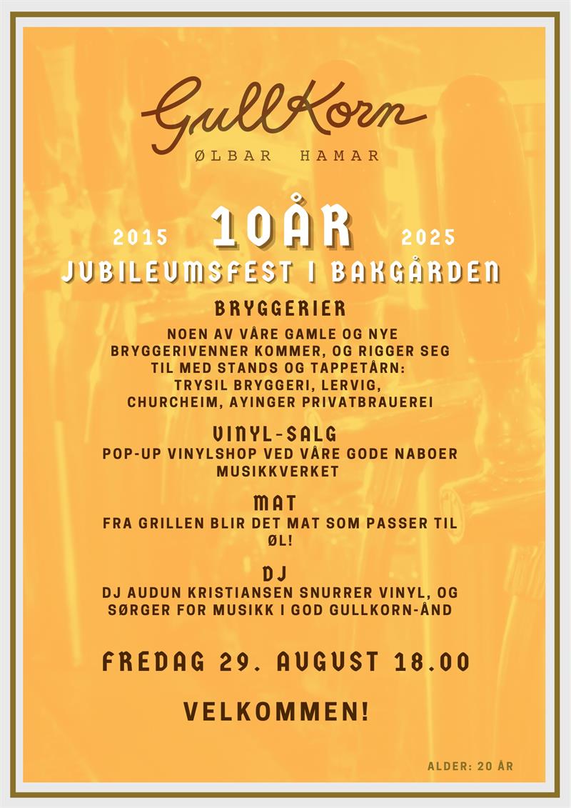 Plakat Jubileumsfest Gullkorn Ølbar 10 år