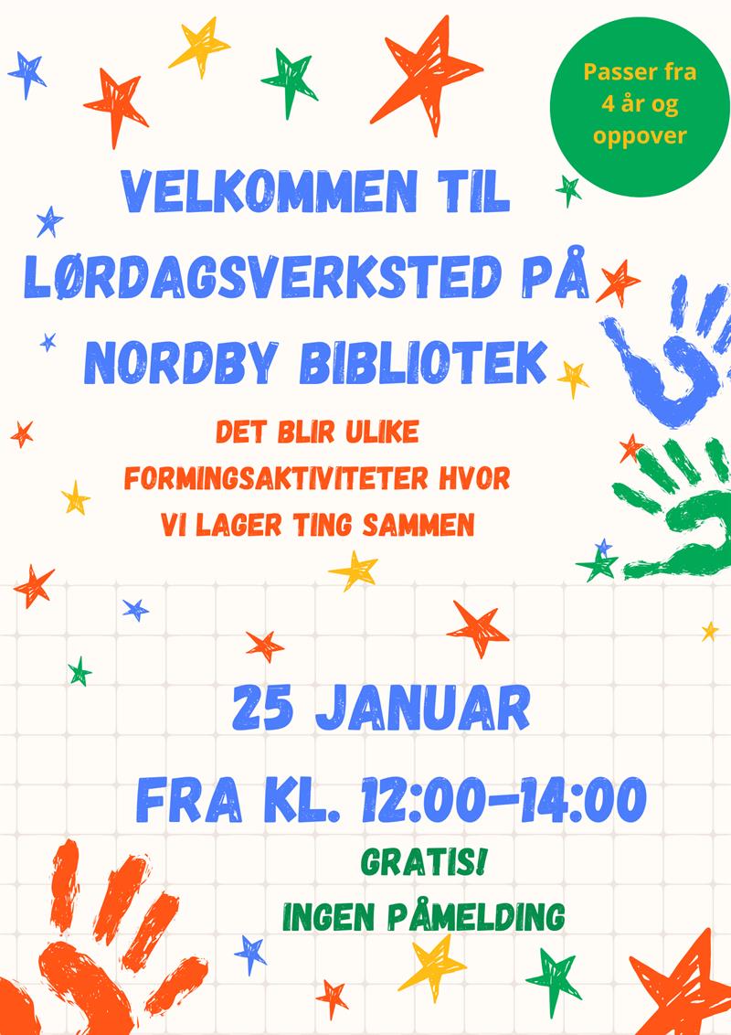 Plakat Lørdagsverksted på Nordby bibliotek