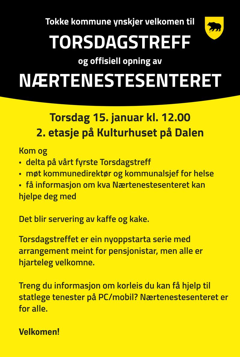 Tokke kommune ynskjer velkomen til Torsdagstreff og opning av Nærtenestesenteret - Vest-Telemark.no