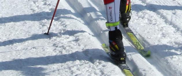 Skidor i vinterspår, Arkivbild