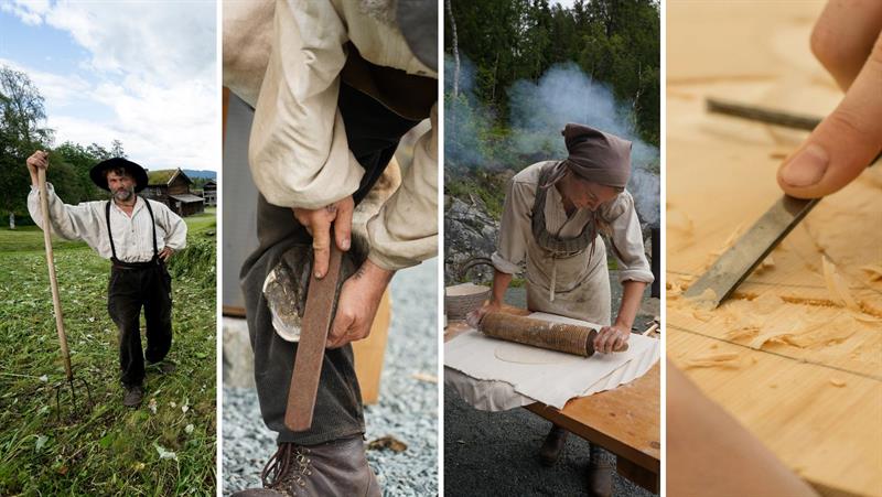 Åkerarbeid, skoing av hest, lefsebaking og karveskurd, Vest-Telemark museum Eidsborg.