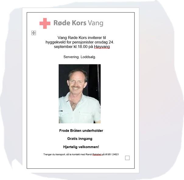 Plakat Hyggekveld for pensjonister på Høyvang onsdag 25 september kl.18.00