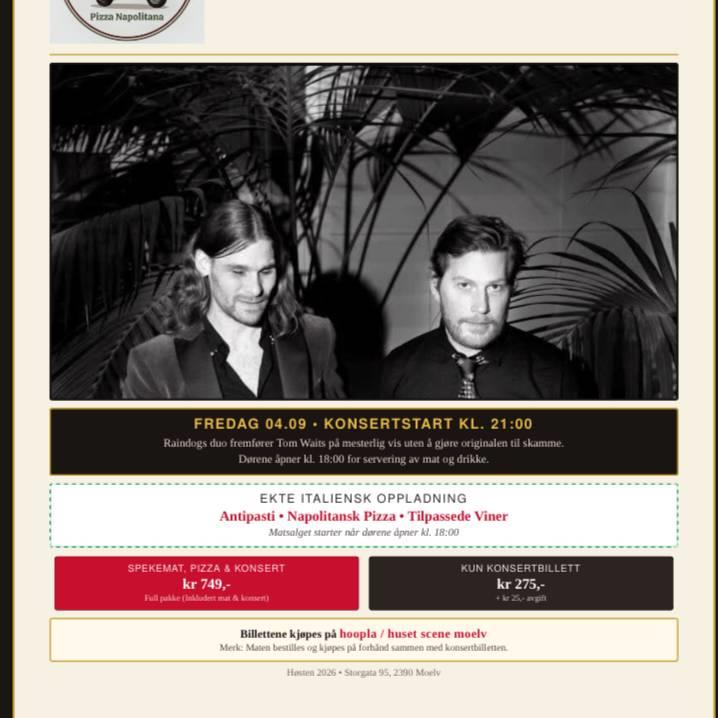 Plakat Raindogs duo fremfører Tom Waits under helaften på Huset Scene.