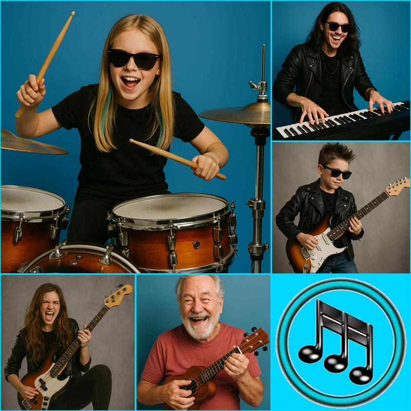 Plakat Kurs i gitar, piano, bass eller trommer!