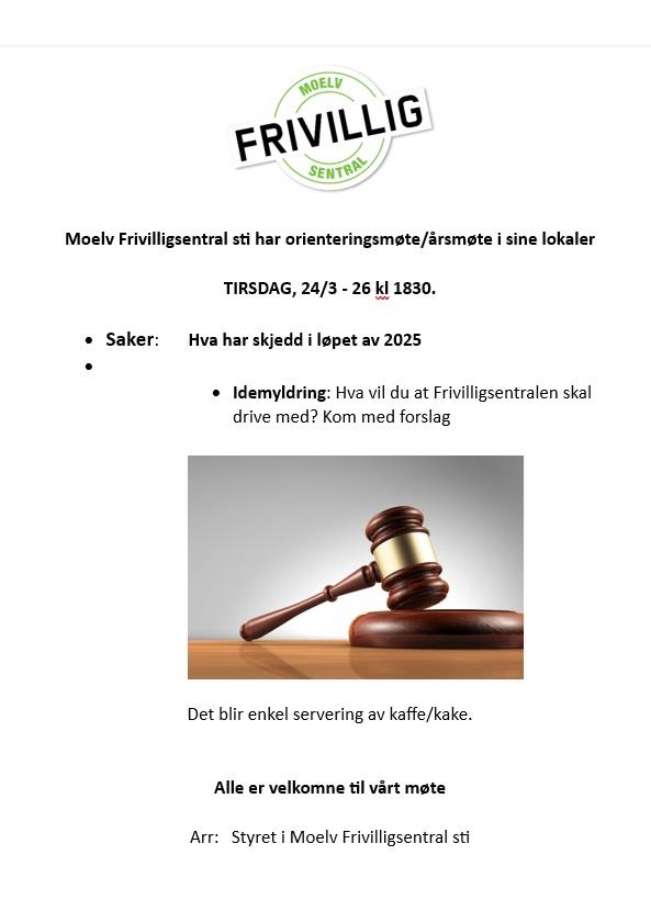 Plakat ORIENTERINGSMØTE/ÅRSMØTE i Moelv Frivilligsentral sti