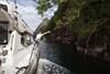 A guest enjoys the fjord cruise aboard Pilagutt as the boat navigates through narrow fjords with spectacular scenery.