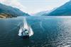 Fjordcruisebåten frå drone over Hardangerfjorden med solrefleksar i vatnet og frukttre i lia på eine sida.