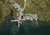 A top-down drone shot of the harbour area at Halne.