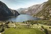 A drone photo of the campground, with the Eidfjord lake in the background.