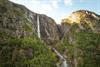 A drone photo of Skytjefossen waterfall.