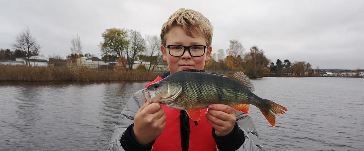 Pojke med fisk i händerna