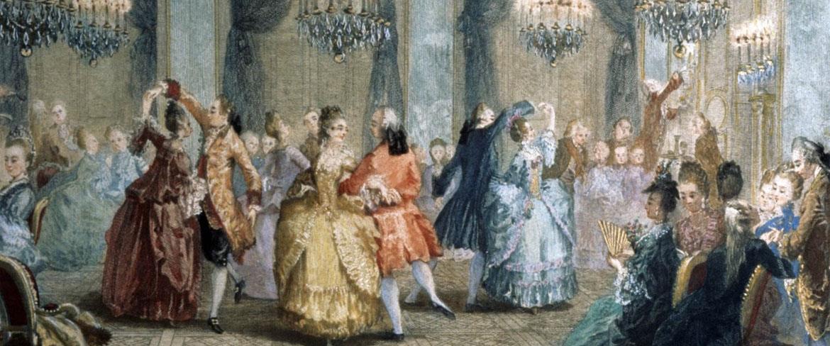 Målning av personer som dansar på en bal på 1700-talet.