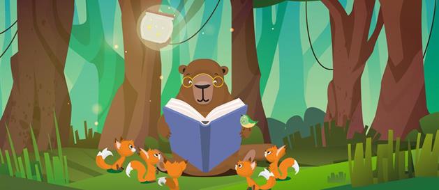 Teckning av björn som läser för ekorrar.
