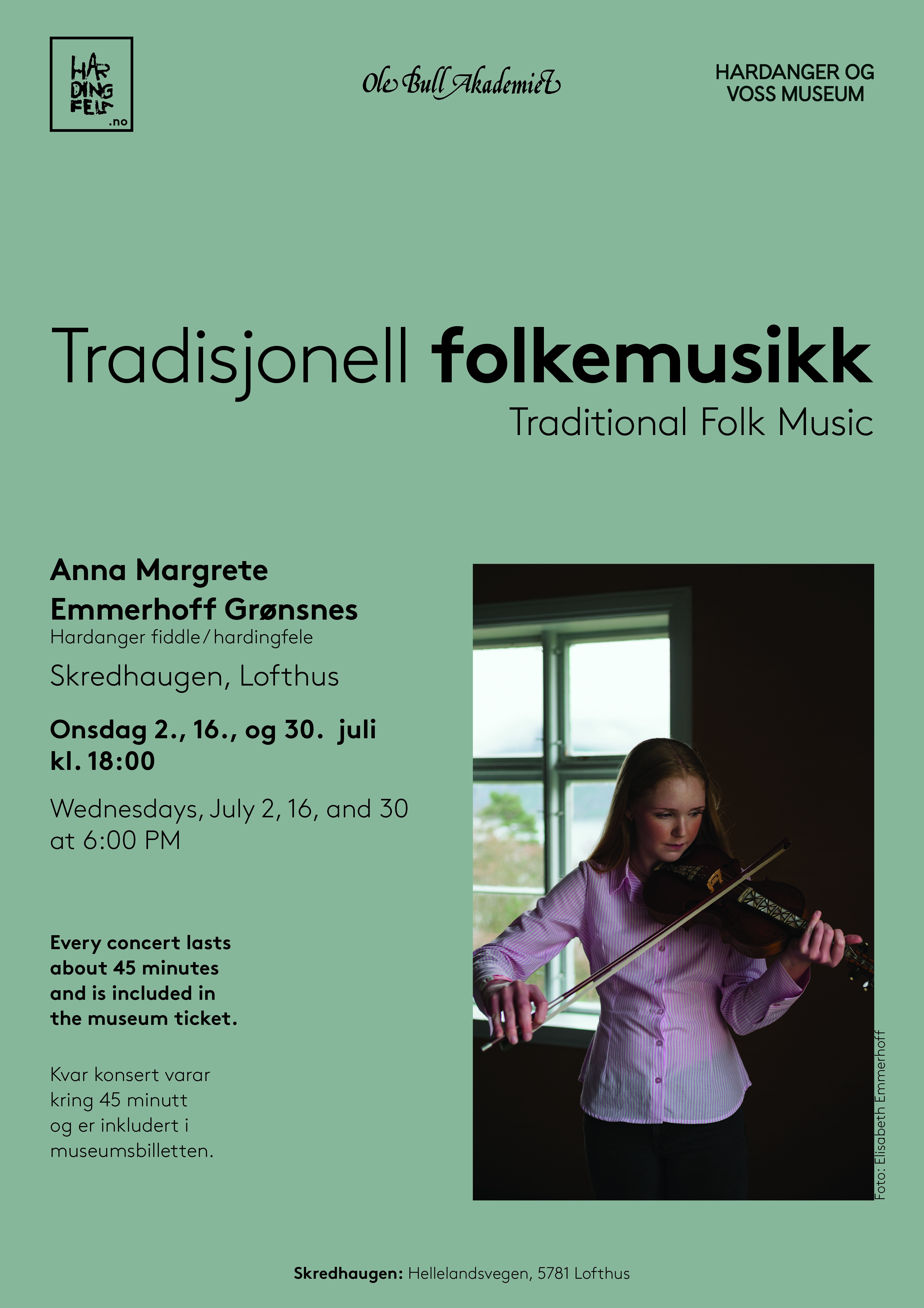 Folkemusikkonsertar i juli på Skredhaugen på Lofthus