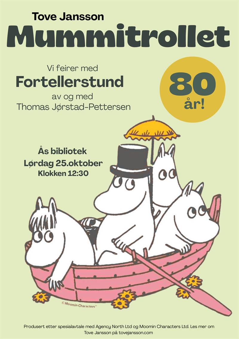 Plakat Mummitrollet 80 år - fortellerstund