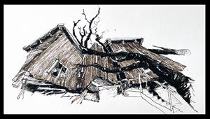 Forlatte, gamle hus er tema for Elin Barosens tusj-tegninger.