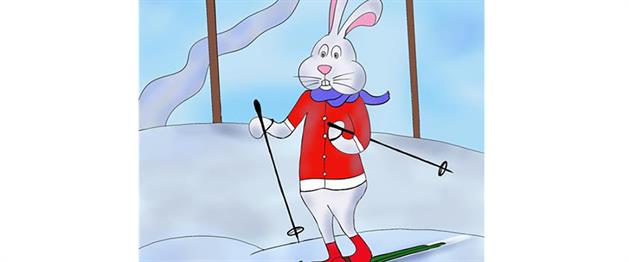 Tecknad kanin som åker skidor